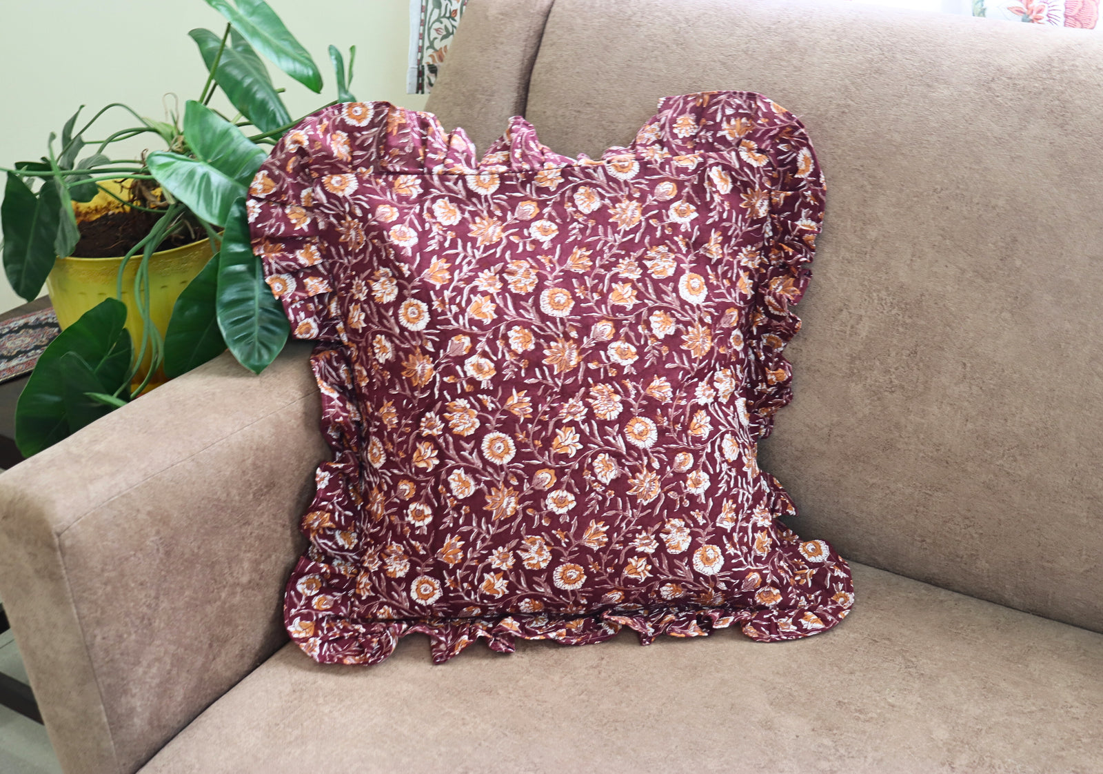 Plum floral frill cushion cover from Kari by Kriti x Trumatter collaboration, 16x16 inches
