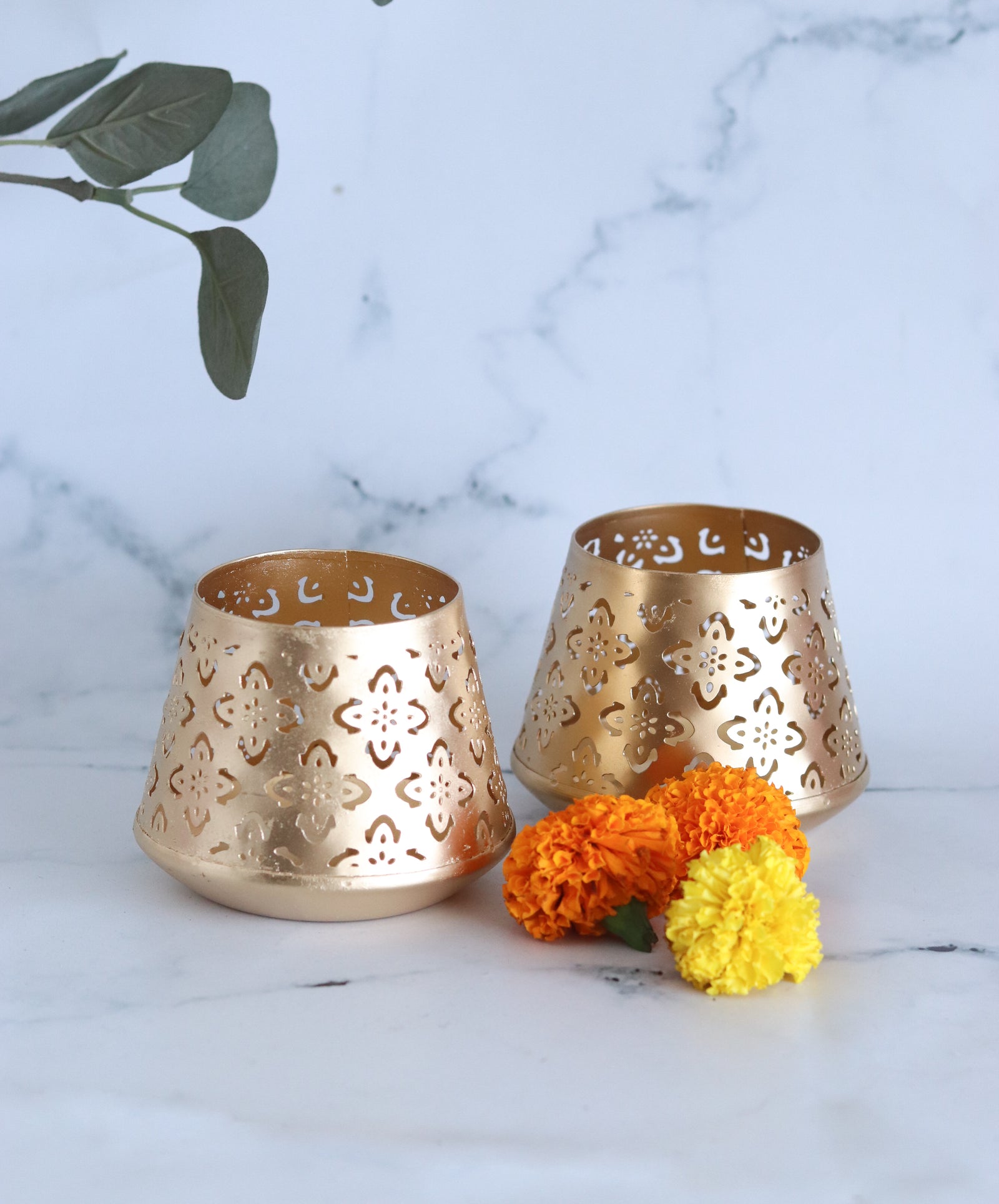 Sale - Floral set of two tea light holders - Handcrafted cutwork votives - Ahana - back view