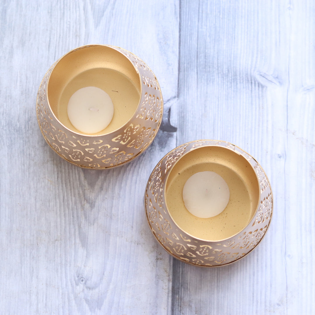 Sale - Floral set of two tea light holders - Handcrafted cutwork votives - Ahana