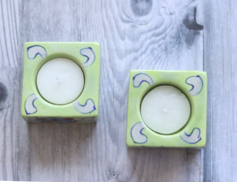 Festive Blue Pottery tea lights - Decorative hand painted tea lights set of 2 - Light Green Moss