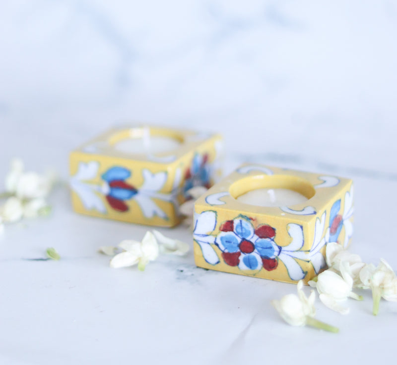 Festive Blue Pottery tea lights - Decorative hand painted tea lights set of 2 - Yellow - Marigold