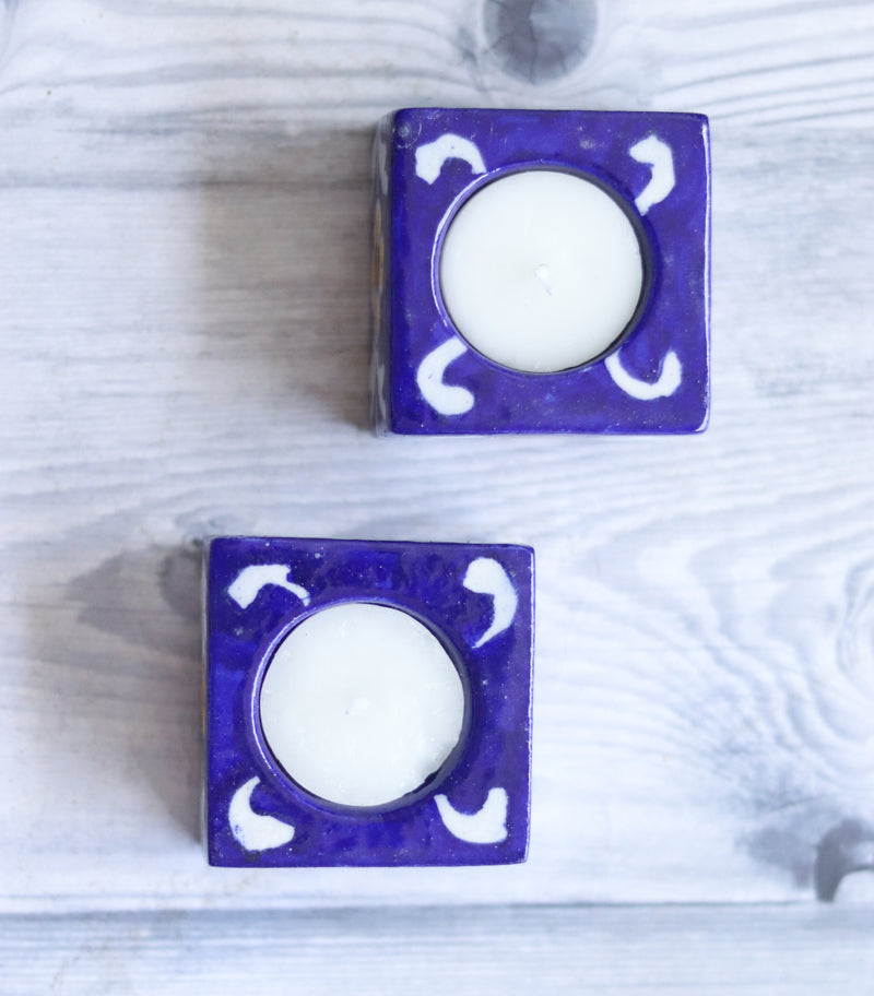 Festive Blue Pottery tea lights - Decorative hand painted tea lights set of 2 - Dark blue Primrose