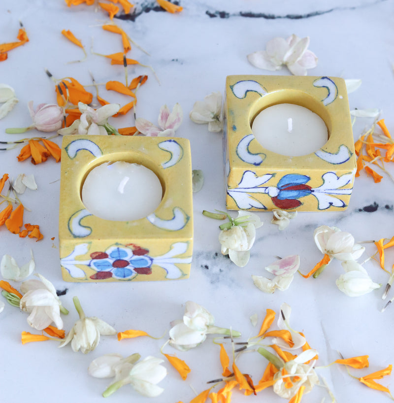 Festive Blue Pottery tea lights - Decorative hand painted tea lights set of 2 - Yellow - Marigold