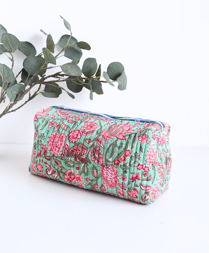 Medium Cosmetic bag - Makeup bag - Block print fabric travel pouch-  Green all over floral