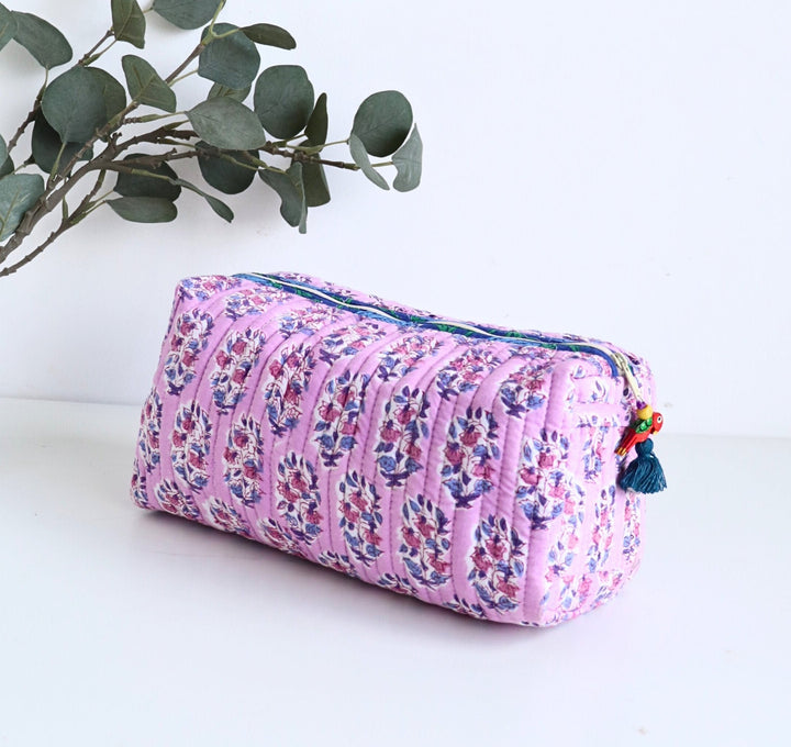 Large Cosmetic bag - Makeup bag - Block print fabric travel pouch- Purple Daisies