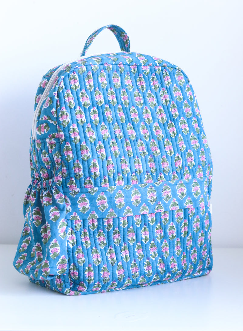 Quilted block print back pack - Laptop back pack - Blue Ditsy