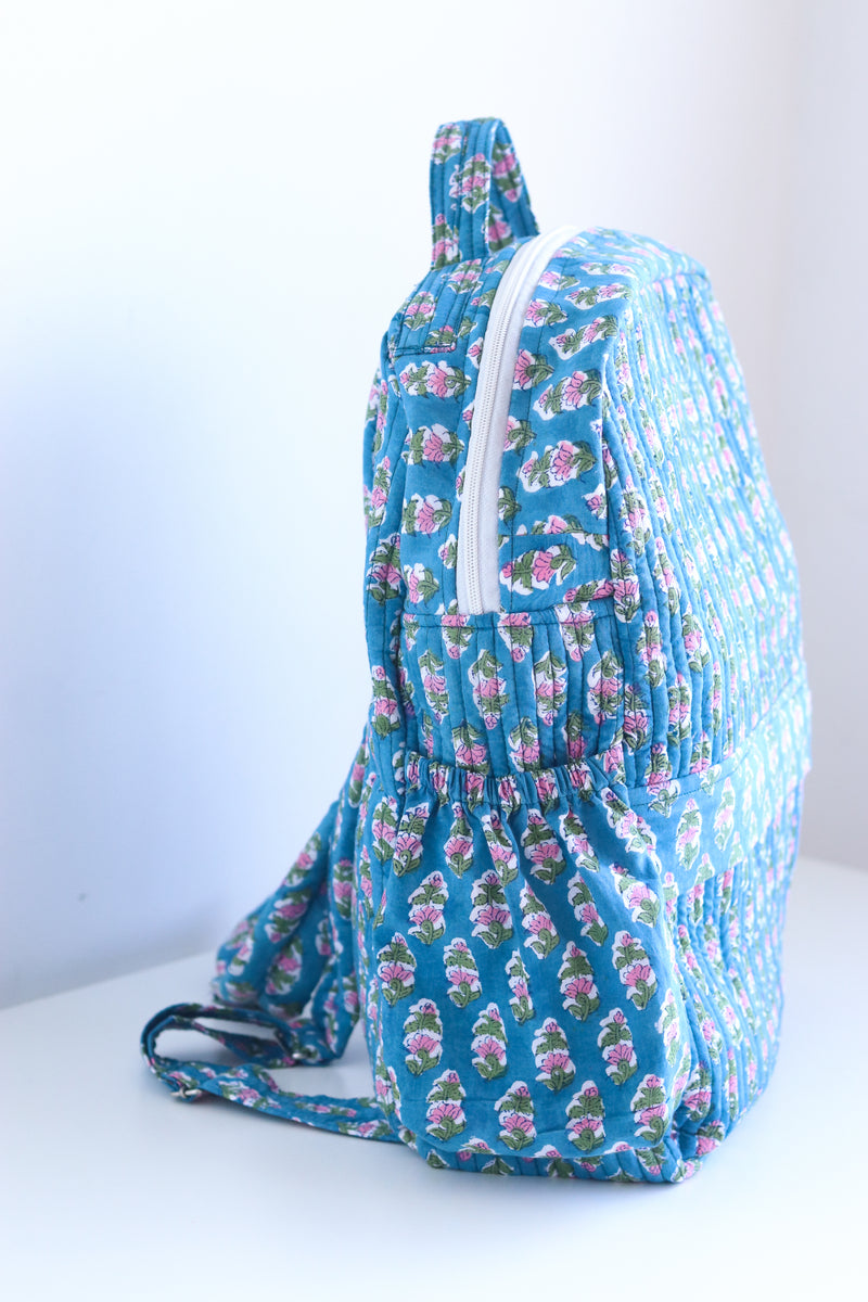 Quilted block print back pack - Laptop back pack - Blue Ditsy
