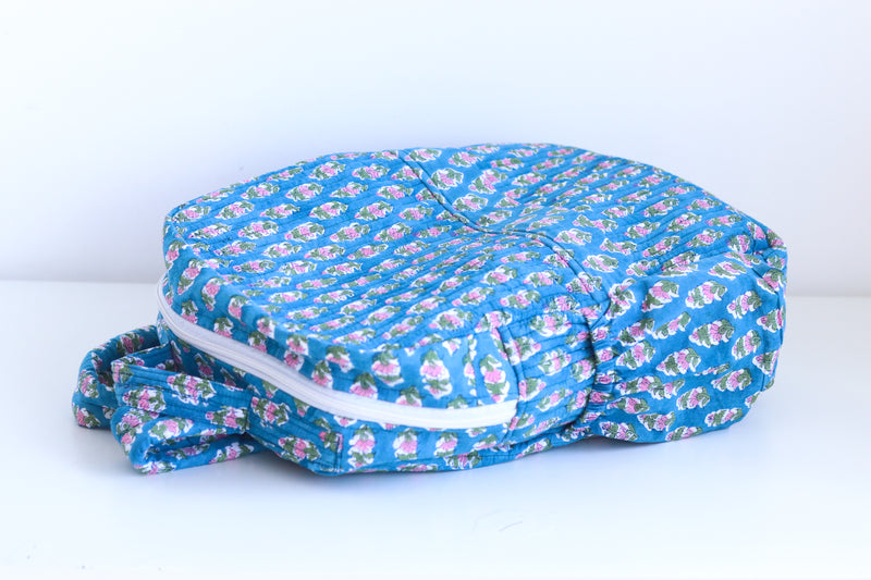 Quilted block print back pack - Laptop back pack - Blue Ditsy