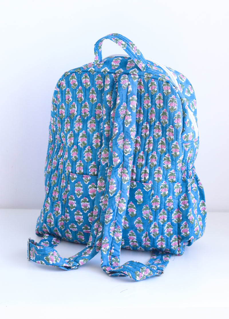 Quilted block print back pack - Laptop back pack - Blue Ditsy