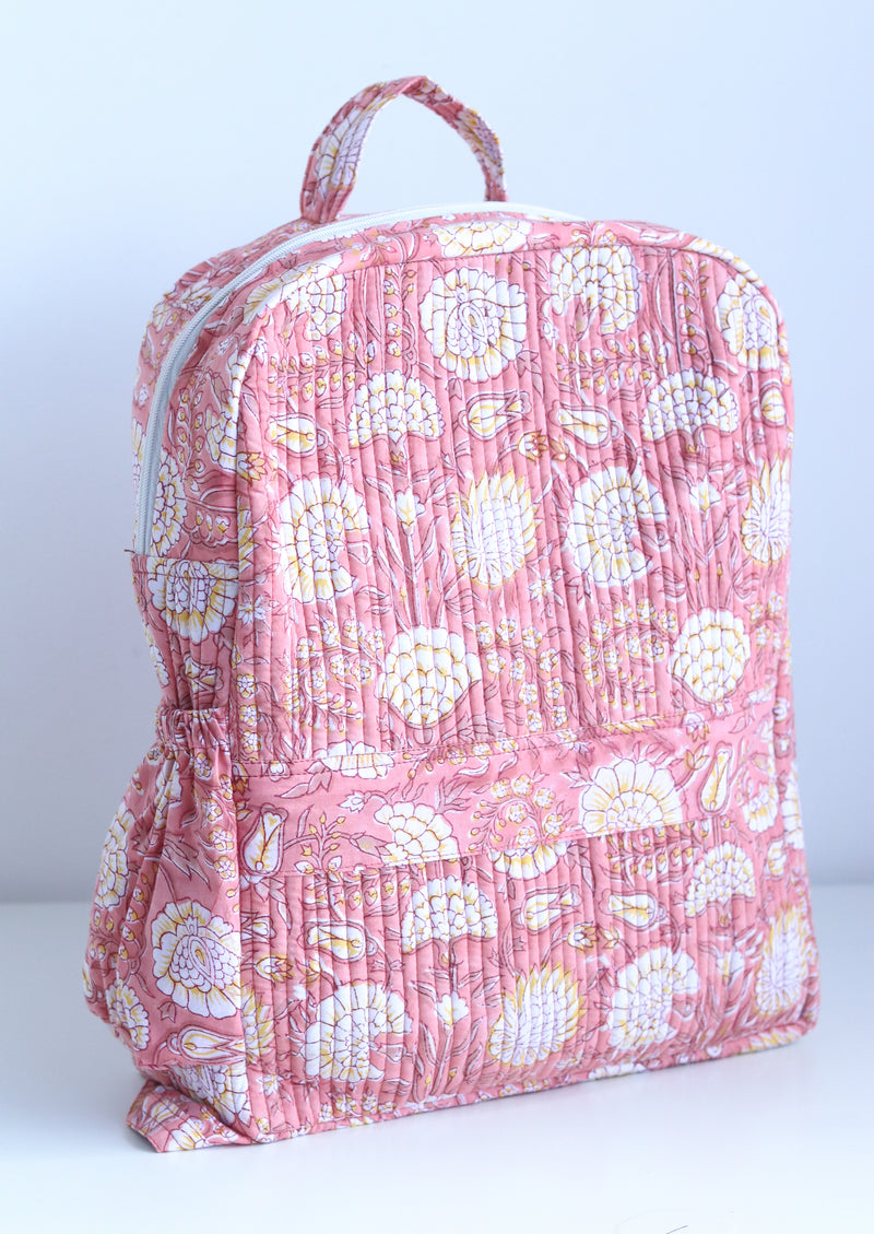 Quilted block print back pack - Laptop back pack - Peach floral