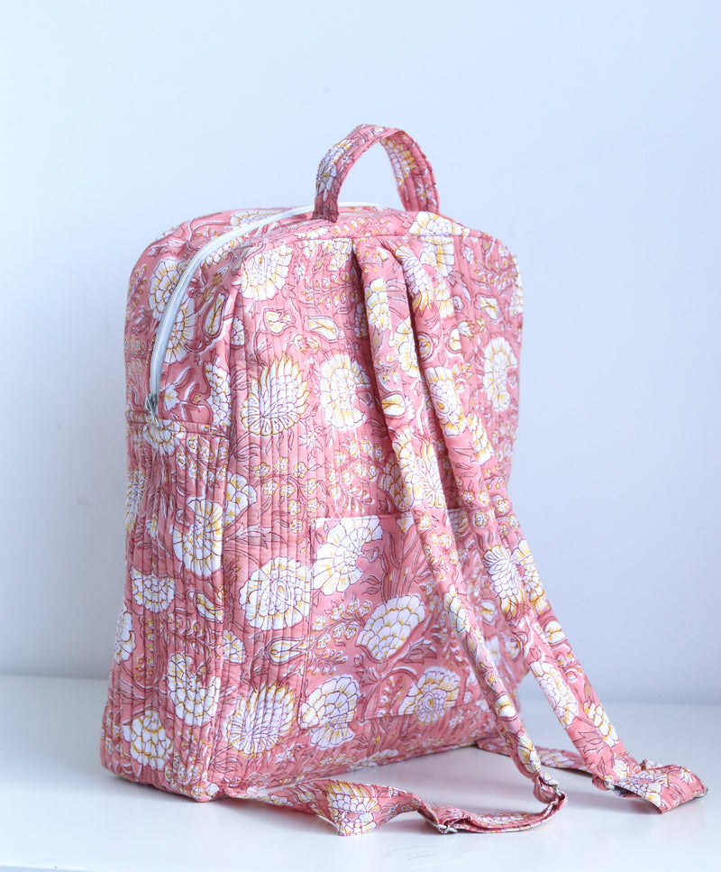 Quilted block print back pack - Laptop back pack - Peach floral