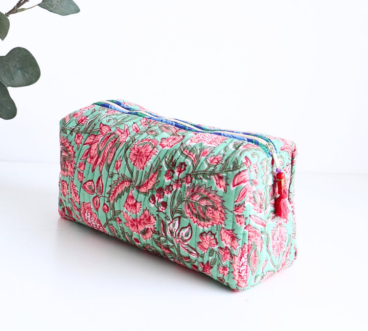 Medium Cosmetic bag - Makeup bag - Block print fabric travel pouch-  Green all over floral