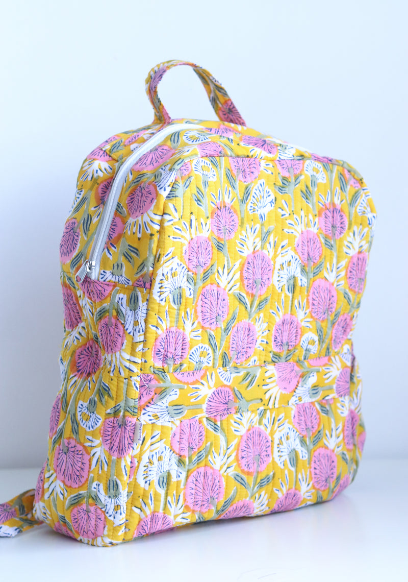 Quilted block print back pack - Laptop back pack - Yellow floral