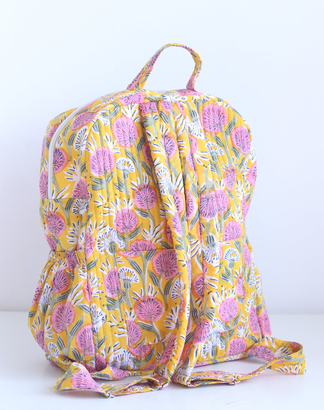 Pre- order - Quilted block print back pack - Laptop back pack - Yellow floral