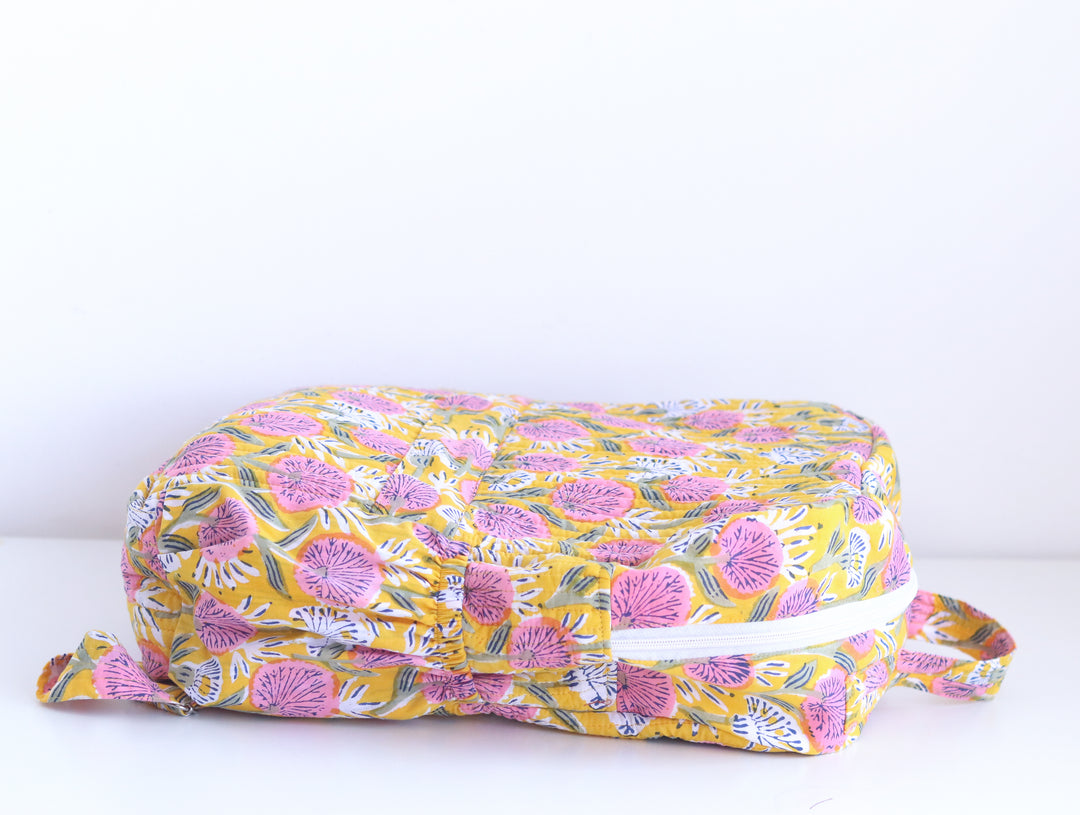 Pre- order - Quilted block print back pack - Laptop back pack - Yellow floral