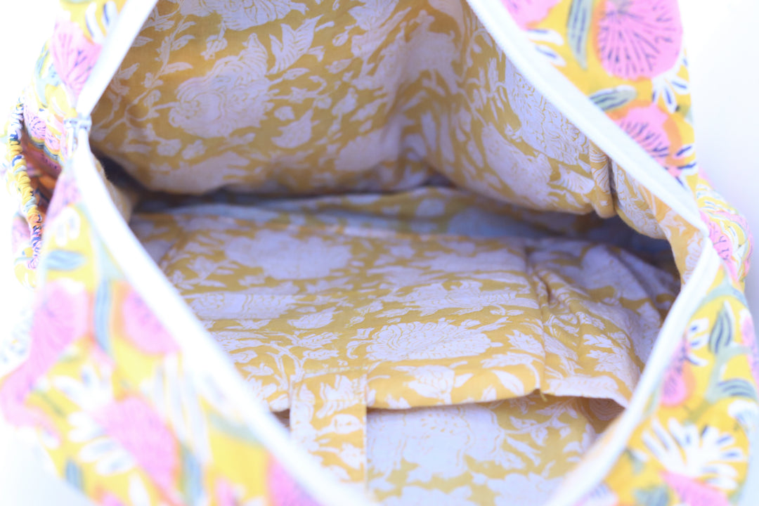 Pre- order - Quilted block print back pack - Laptop back pack - Yellow floral