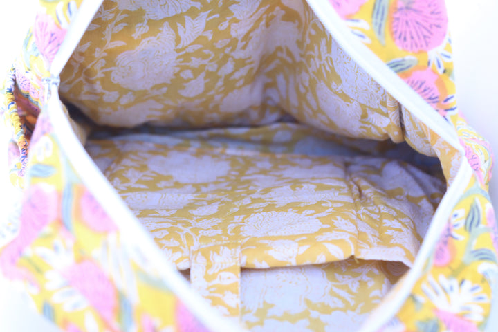 Pre- order - Quilted block print back pack - Laptop back pack - Yellow floral