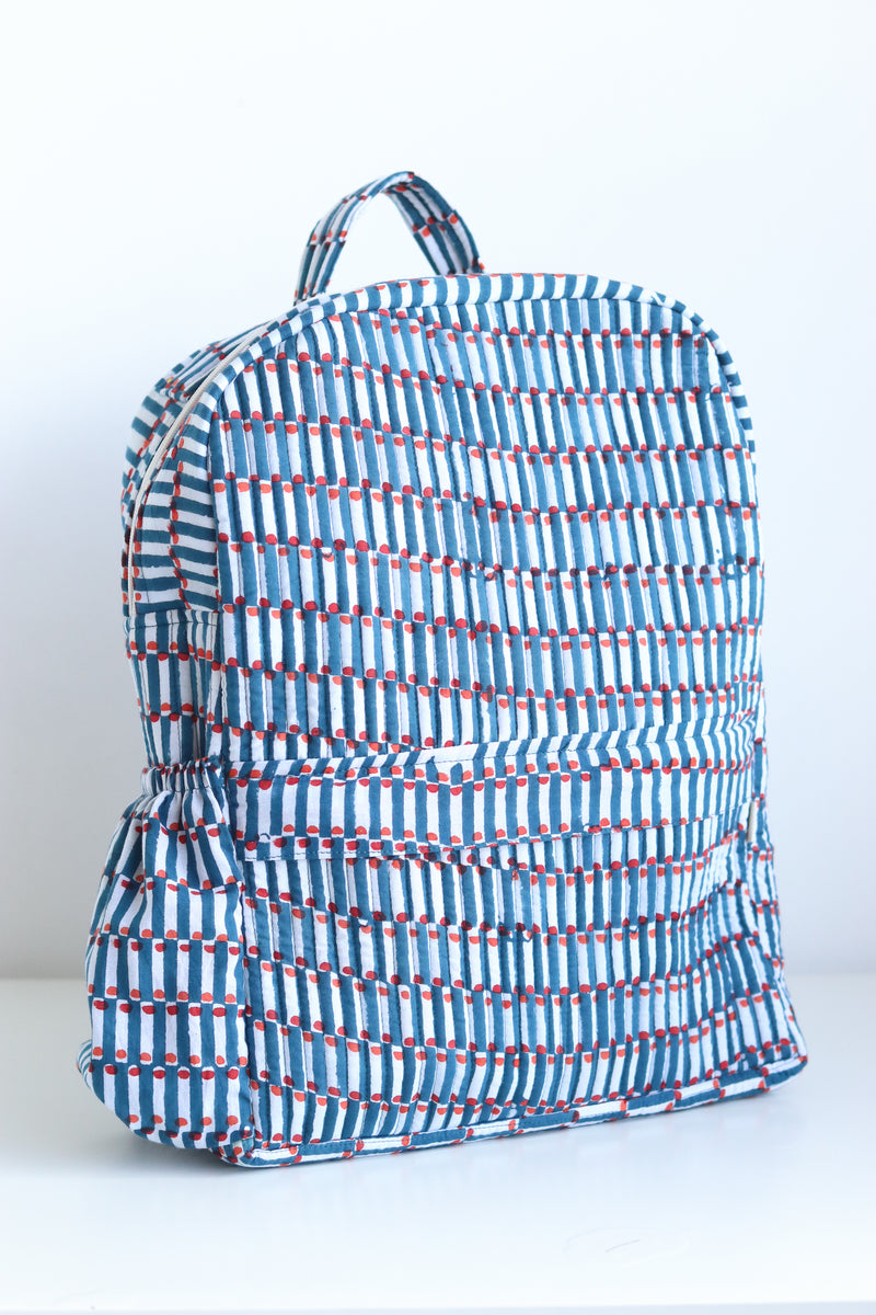 Quilted block print back pack - Laptop back pack - Blue Geometric