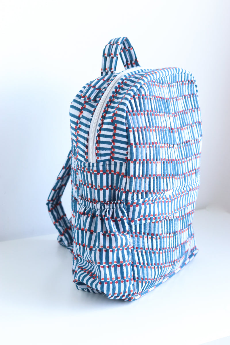 Quilted block print back pack - Laptop back pack - Blue Geometric