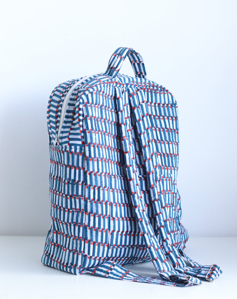 Quilted block print back pack - Laptop back pack - Blue Geometric