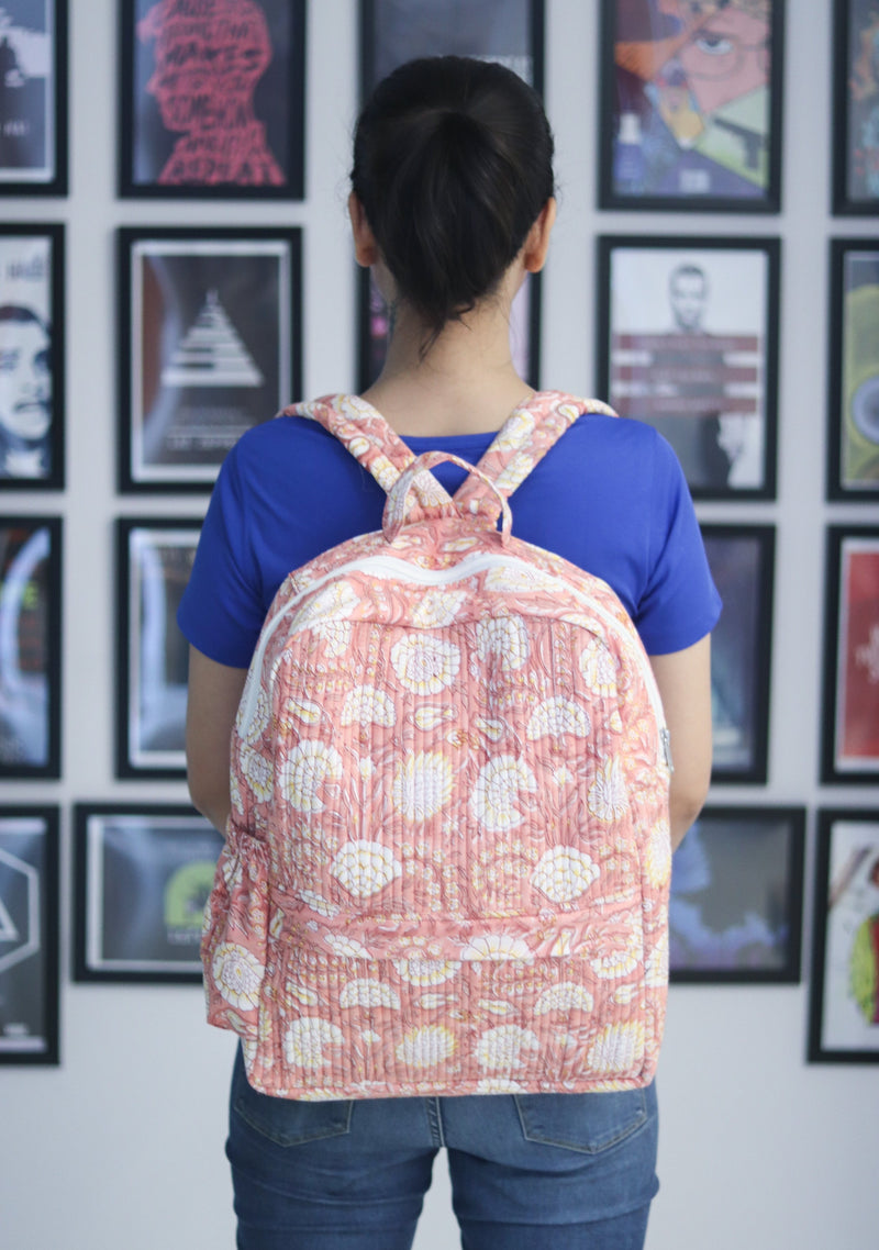 Quilted block print back pack - Laptop back pack - Peach floral