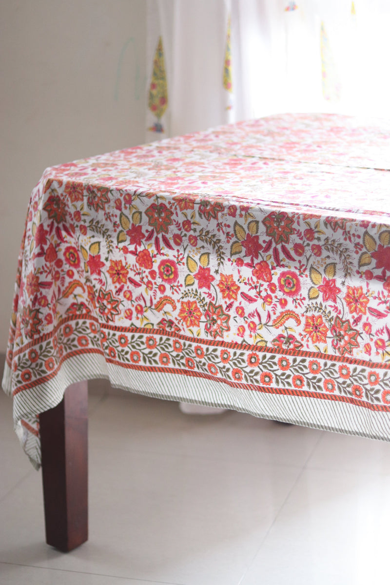 Orange Blossom tablecloth - 4 seater block print table cover - 46x46 inches