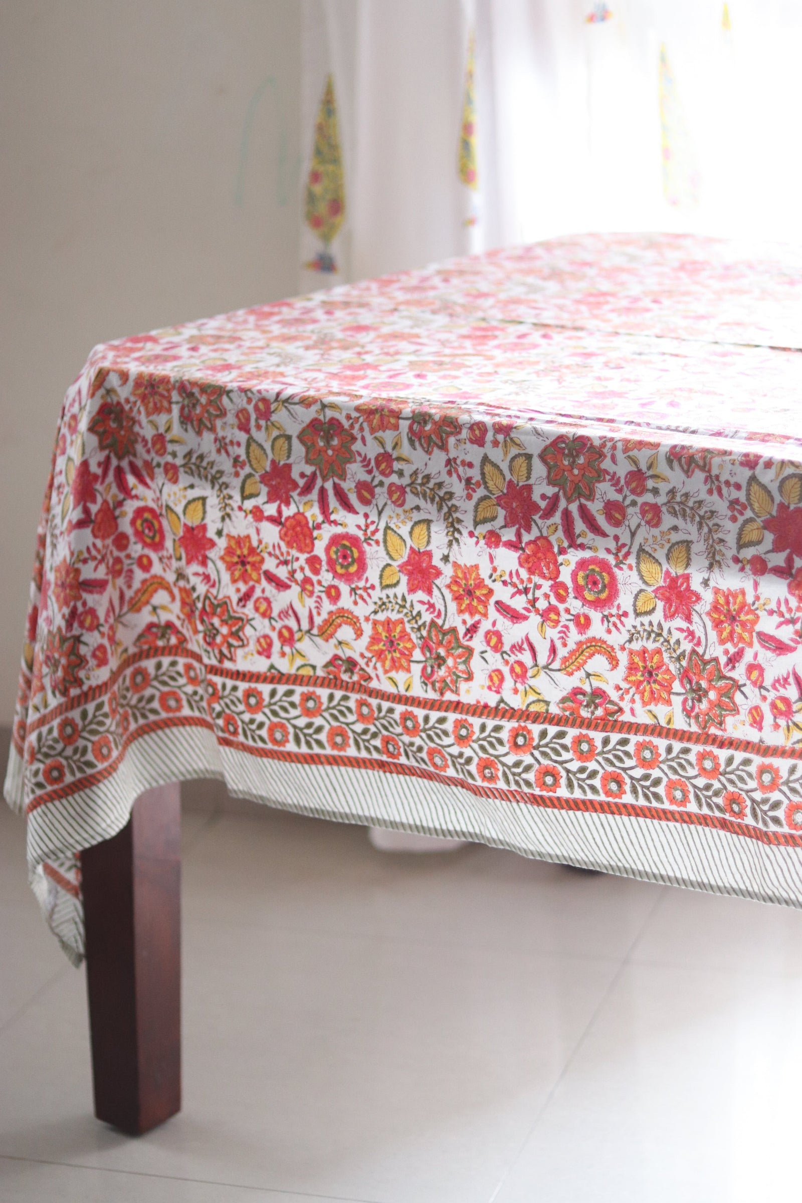 Orange blossom block print cotton tablecloth, 10 seater, 60x140 inches, handmade by Kari by Kriti
