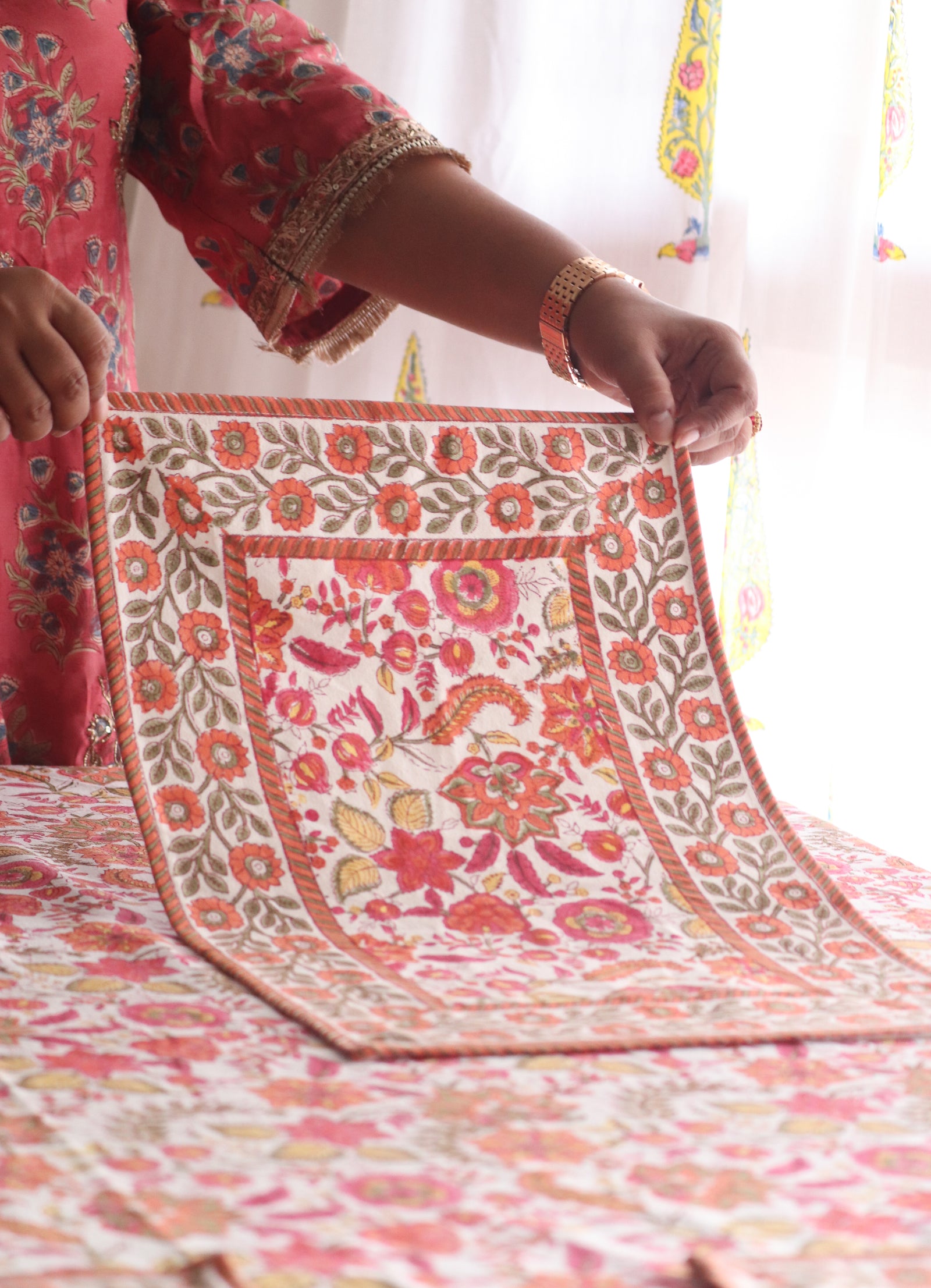 Orange blossom block print cotton placemats set of 6, 13x19 inches, handmade by Kari by Kriti
