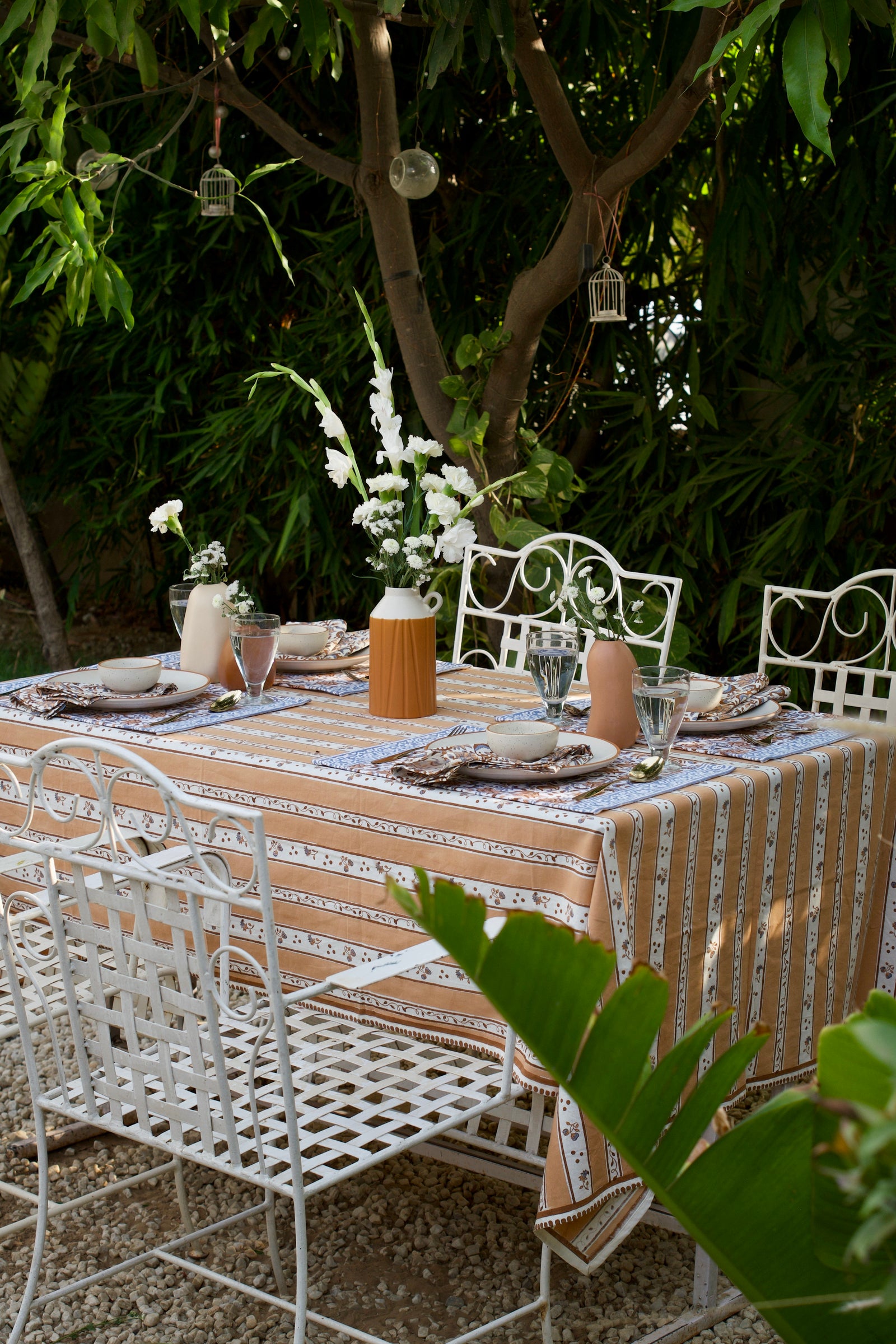 Mocha Mornings tablecloth - 8 seater block print table cover - 60x120 inches - Brown & Blue by Kari by Kriti