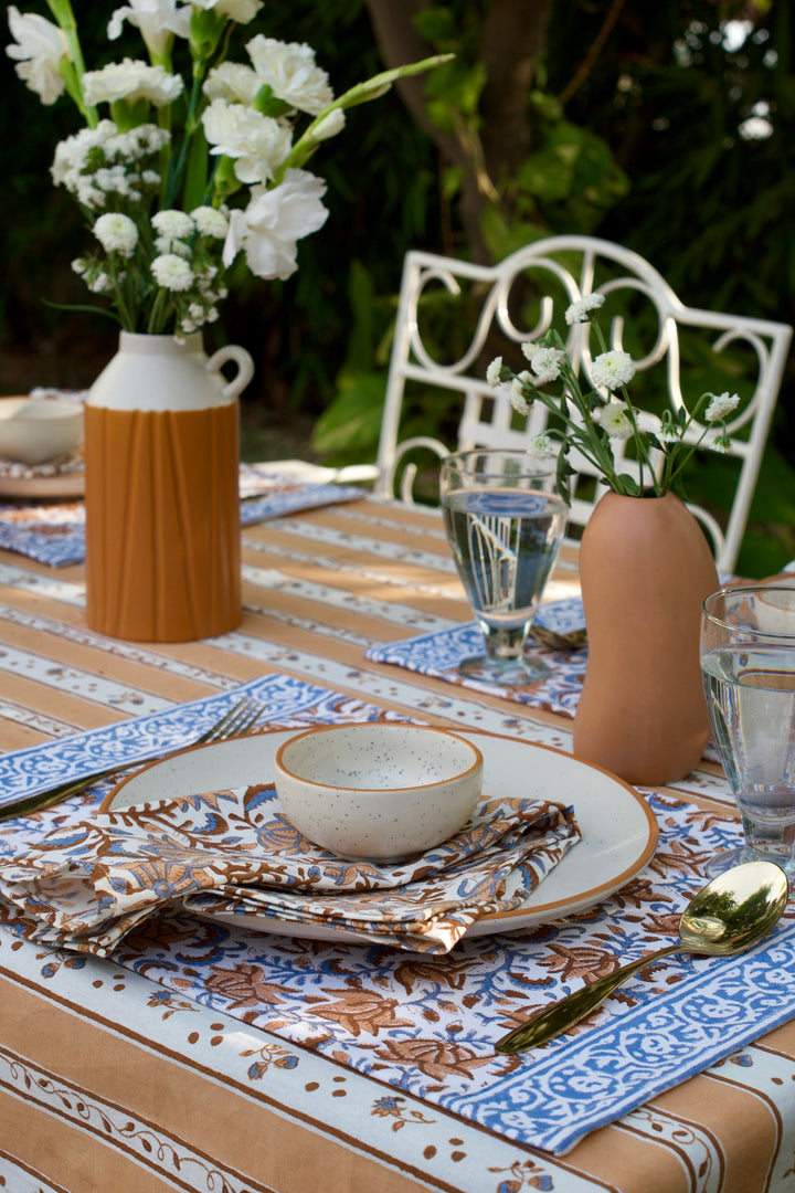 Mocha Mornings placemats - Block print table mats set of 6 - 13x19 inches - Brown &amp; Blue - back view