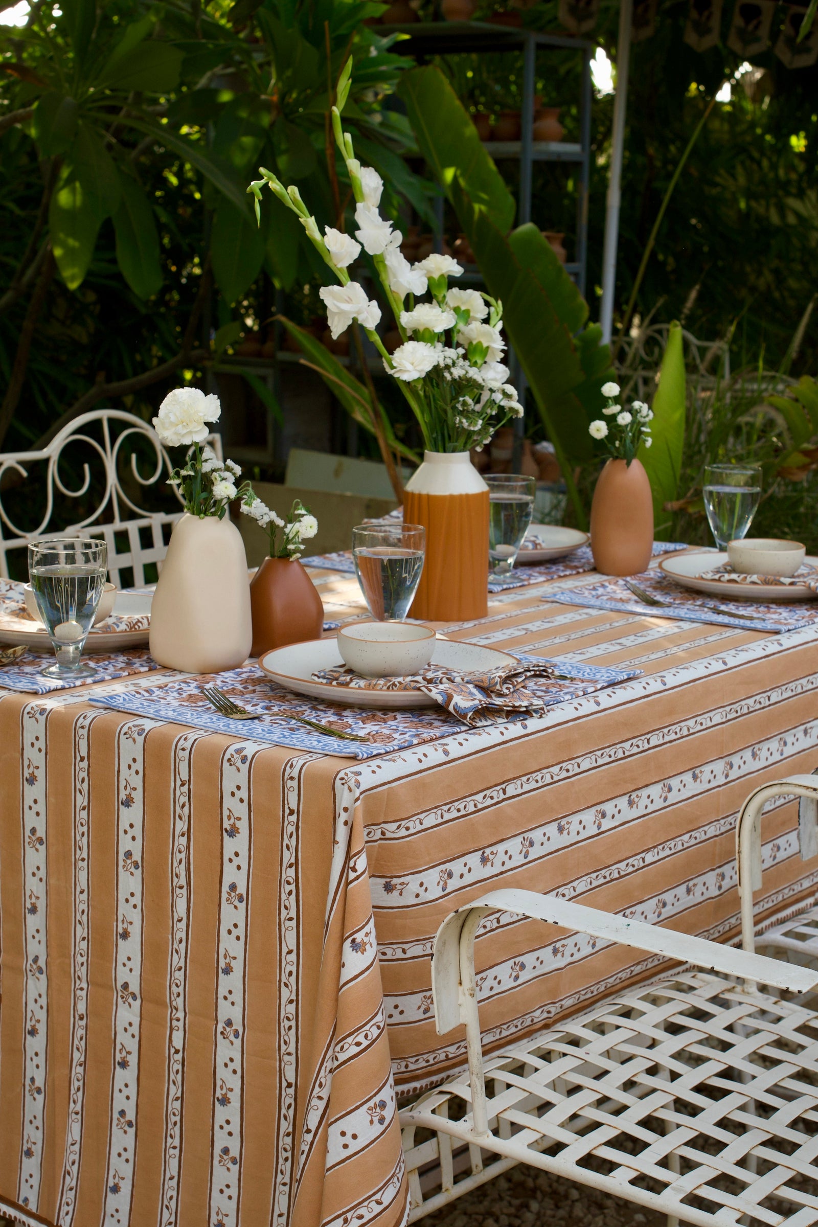 Mocha Mornings tablecloth - 8 seater block print table cover - 60x120 inches - Brown & Blue - back view