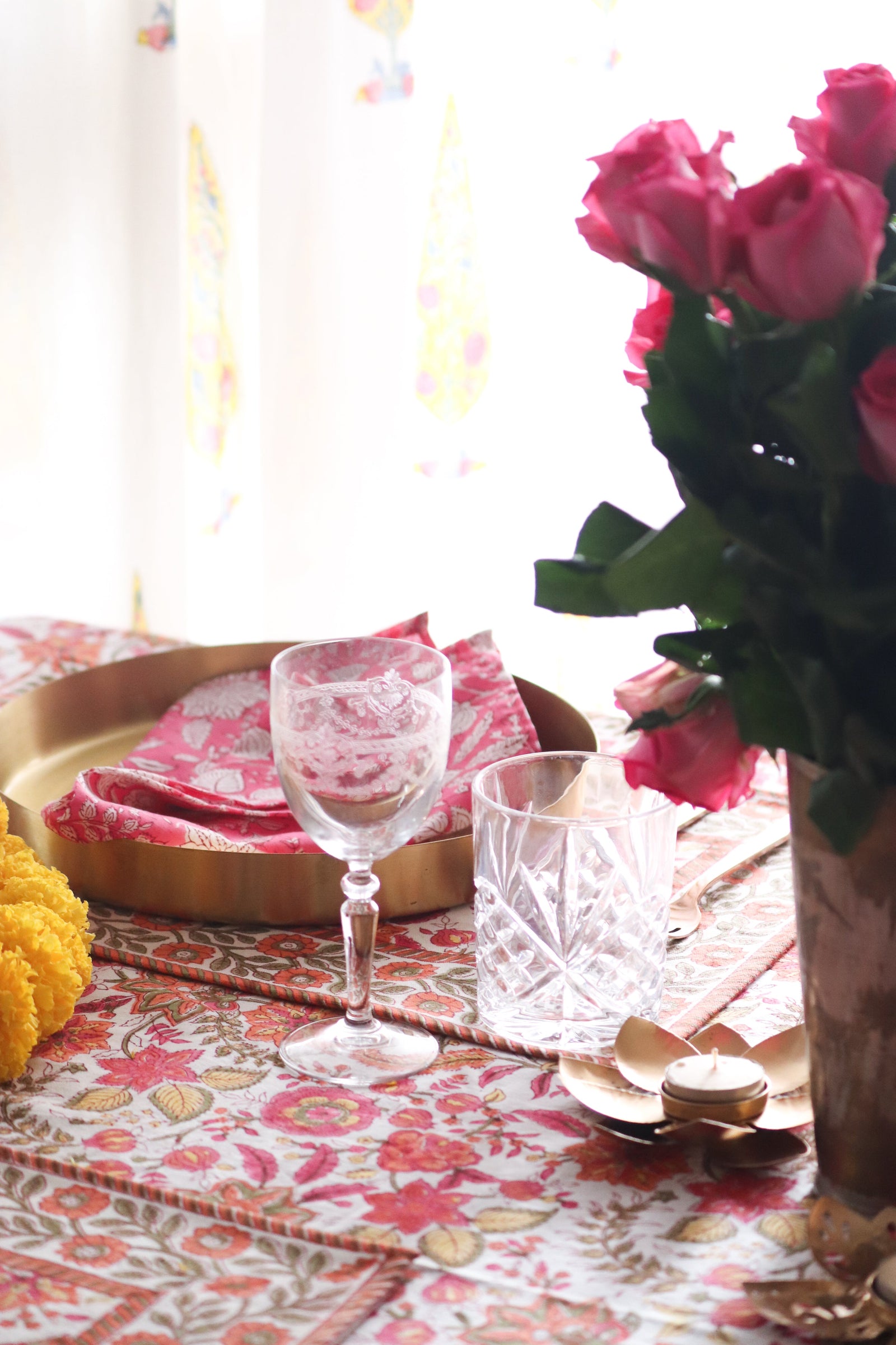 Orange blossom block print cotton tablecloth, 10 seater, 60x140 inches, handmade by Kari by Kriti
