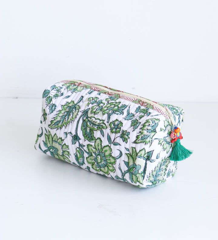 Medium Make up bag - Block Print bag - Green and white