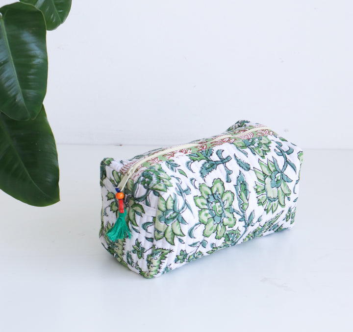 Medium Make up bag - Block Print bag - Green and white