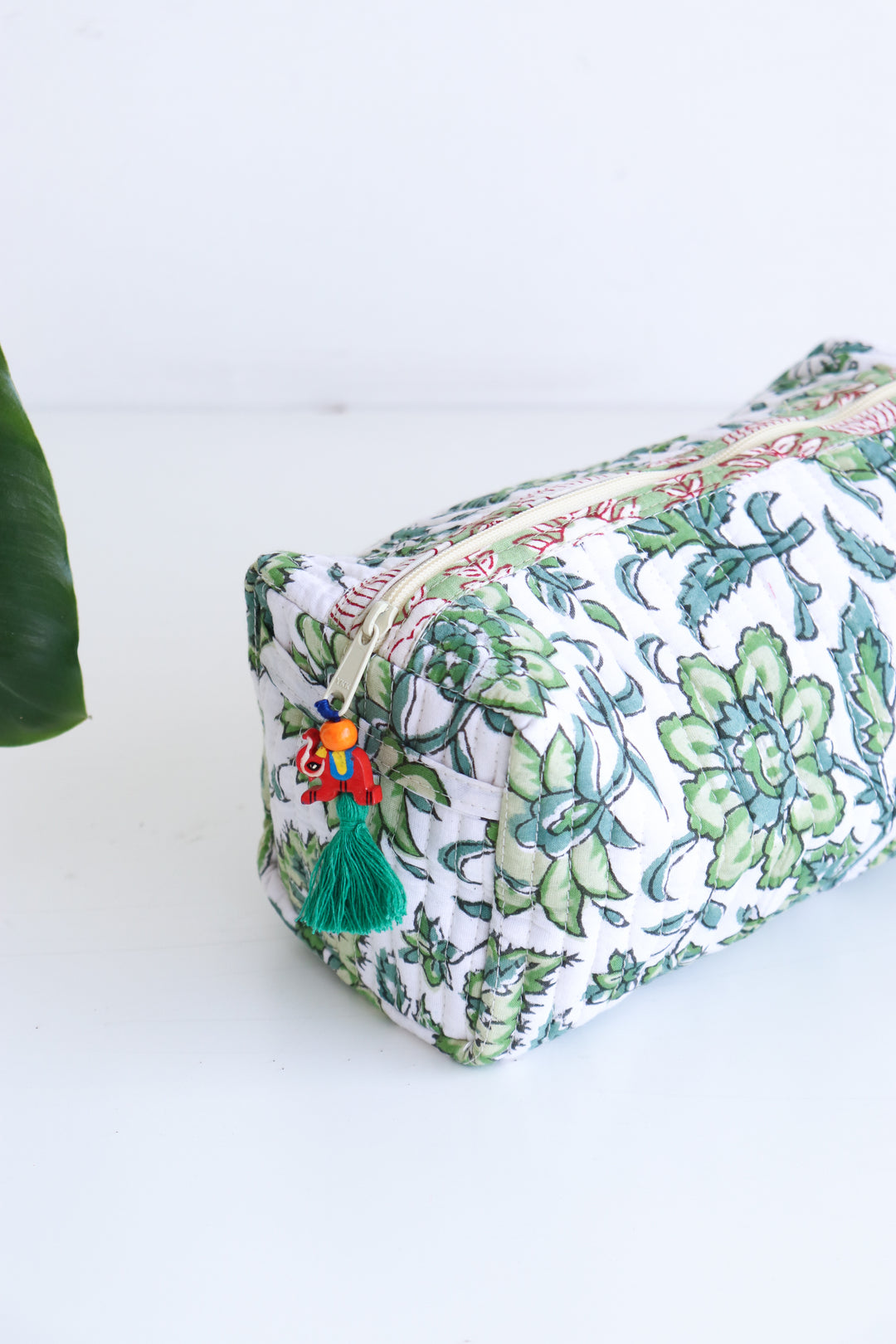 Medium Make up bag - Block Print bag - Green and white