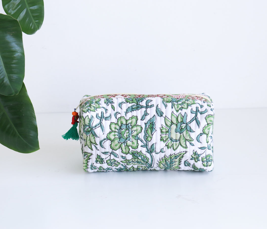 Medium Make up bag - Block Print bag - Green and white