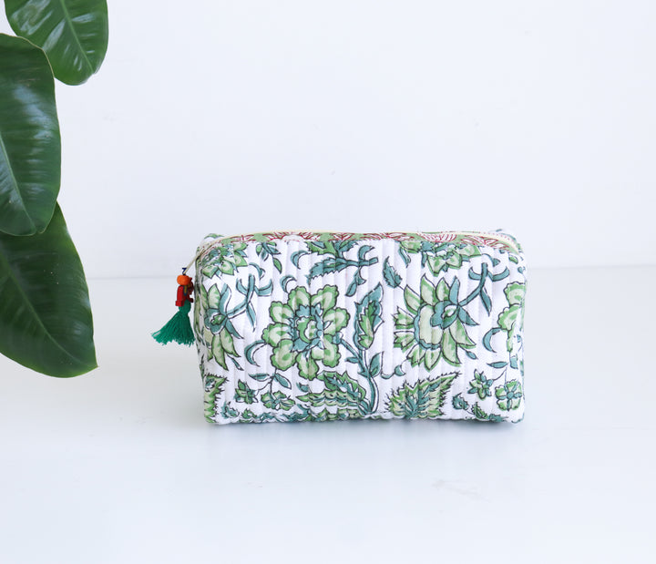 Medium Make up bag - Block Print bag - Green and white