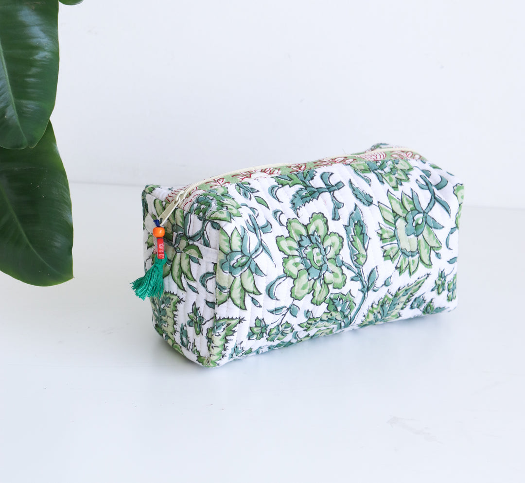 Medium Make up bag - Block Print bag - Green and white