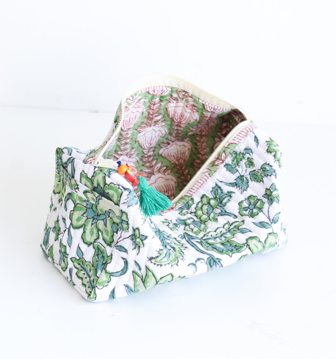 Medium Make up bag - Block Print bag - Green and white