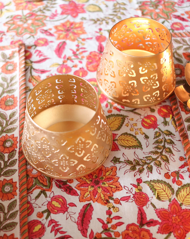 Floral set of two tea light holders - Handcrafted cutwork votives - Ahana