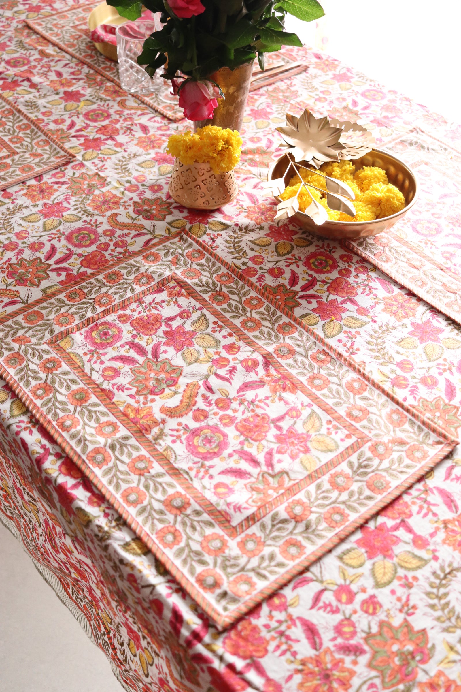 Orange blossom block print cotton placemats set of 6, 13x19 inches, handmade by Kari by Kriti
