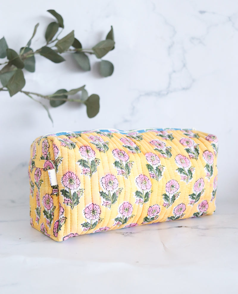 Large Cosmetic bag - Makeup bag - Block print fabric travel pouch- Yellow Daisies
