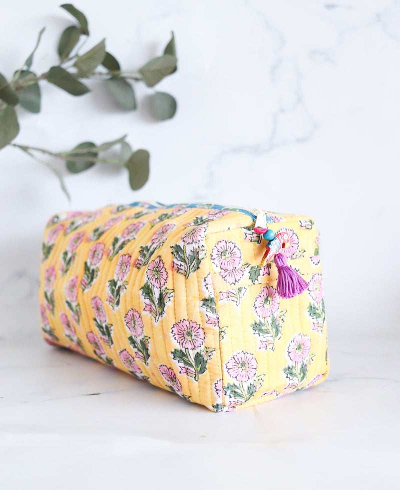 Medium Cosmetic bag - Makeup bag - Block print fabric travel pouch- Yellow Daisies