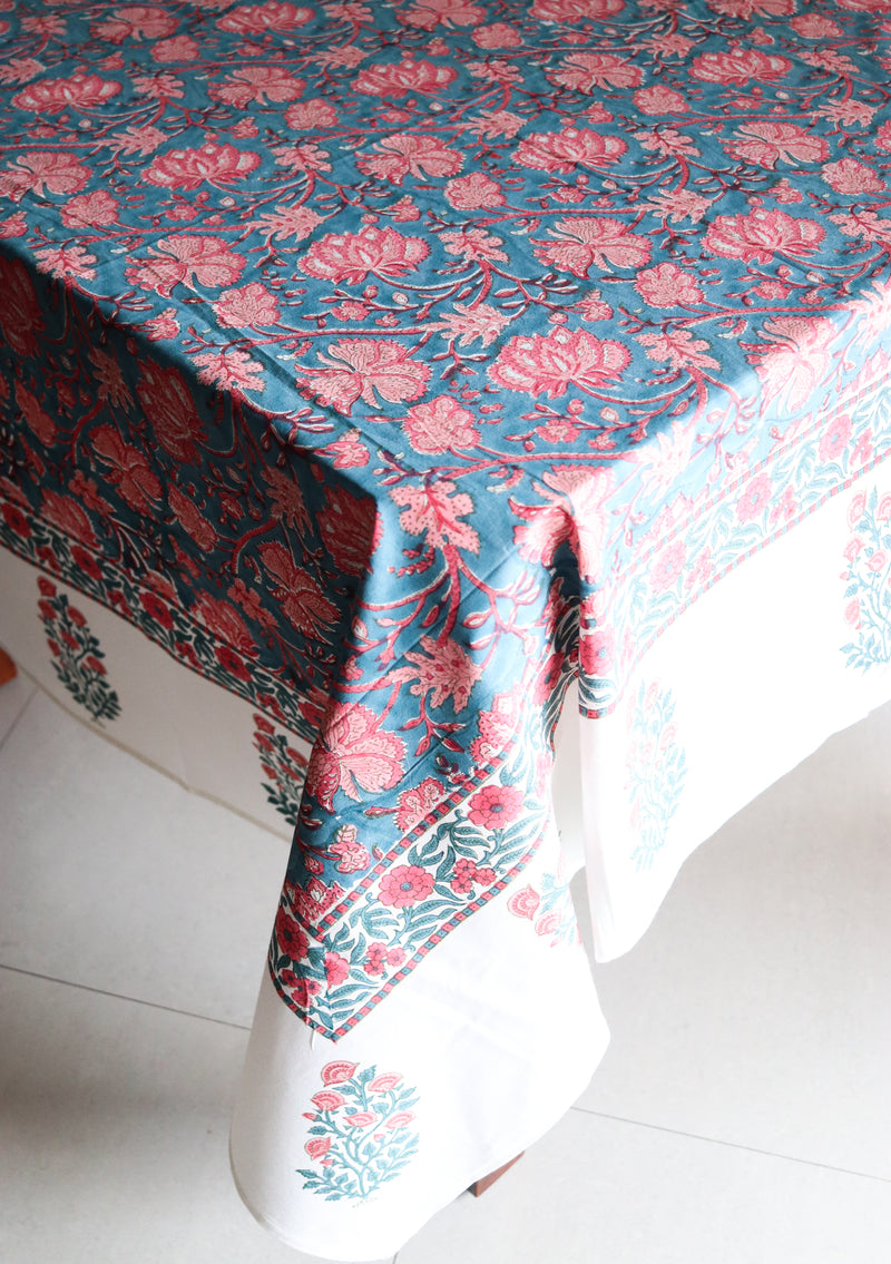 Blushing Bloom tablecloth - 8 seater block print table cover - 60x120 inches