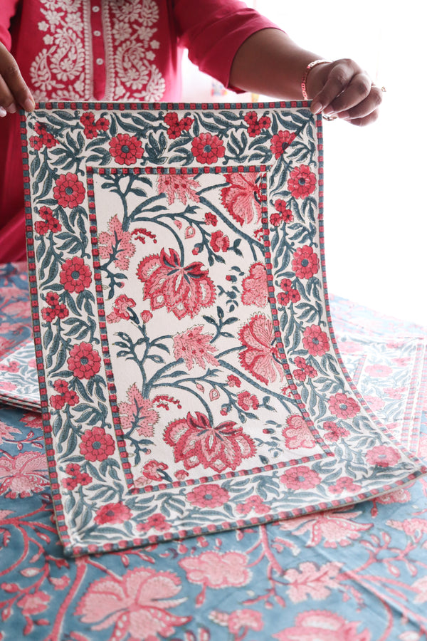 Blushing Bloom pink floral block print placemats set of 6, 13x19 inches, handmade by Kari by Kriti
