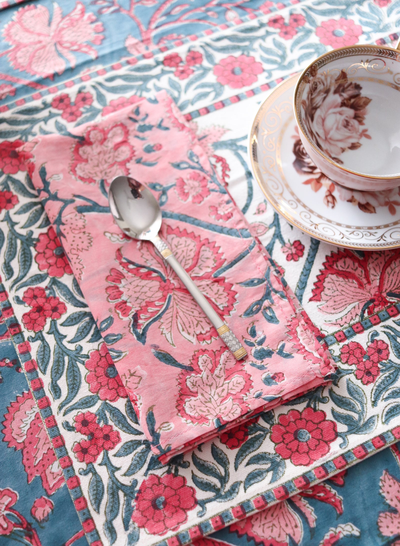 Blushing Bloom pink floral block print cotton dinner napkins set of 6, handmade by Kari by Kriti
