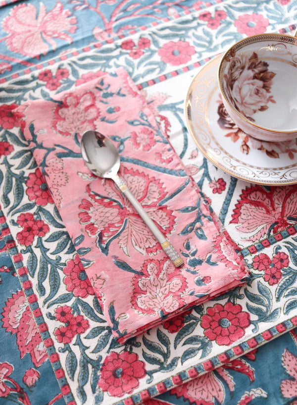 Blushing Bloom pink floral block print cotton dinner napkins set of 6, handmade by Kari by Kriti
