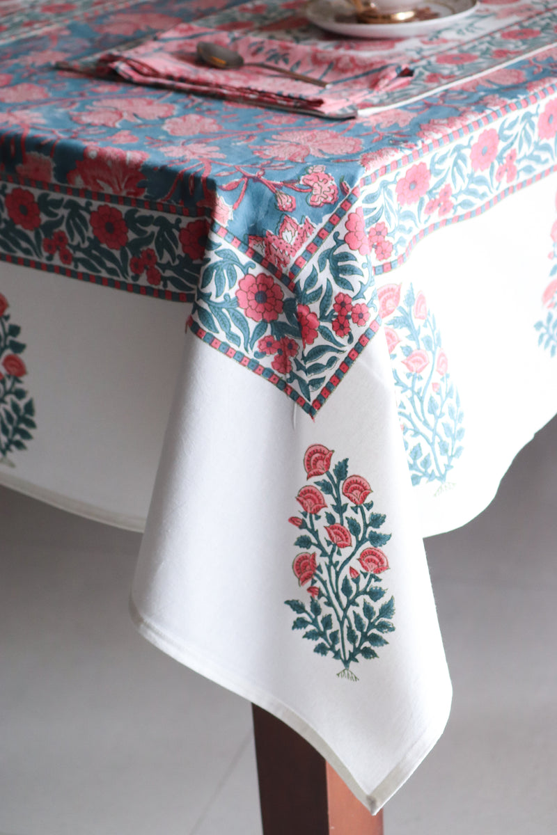 Blushing Bloom tablecloth - 6 seater block print table cover - 60x90 inches