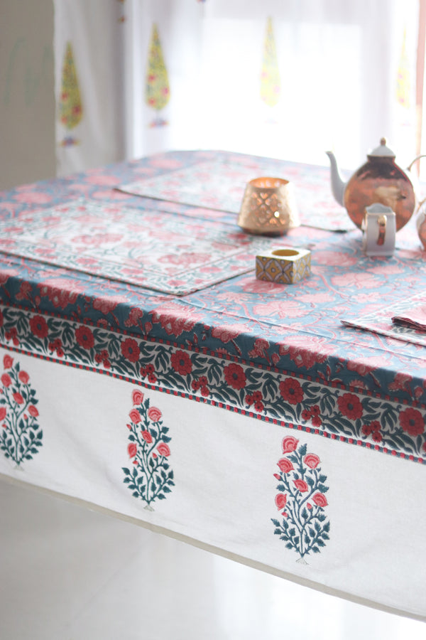 Blushing Bloom pink floral block print tablecloth, 6 seater, 60x90 inches, handmade cotton by Kari by Kriti
