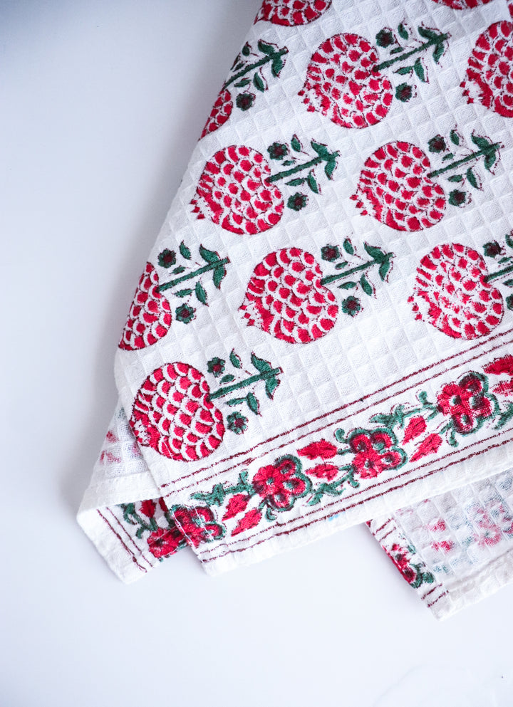 Pre order - Set of 2 waffle kitchen towels - Block print dish towels - Tea towels - Red pomegranates